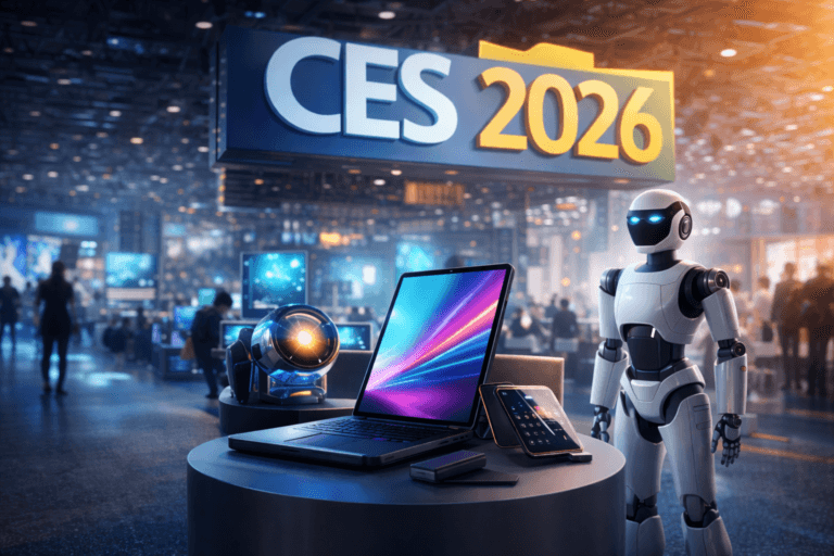 CES 2026 exhibition showcasing futuristic gadgets, AI-powered devices, and a humanoid robot at a technology showcase
