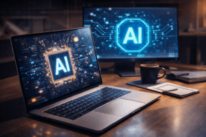 AI-powered laptop and desktop computer displaying artificial intelligence technology in a modern workspace