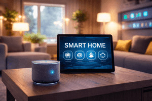 Smart home automation system with tablet controls and smart speaker in a modern living room setup